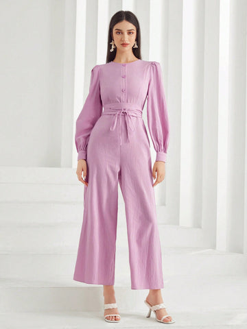 Cotton Lantern Sleeve Belted Wide Leg Jumpsuit