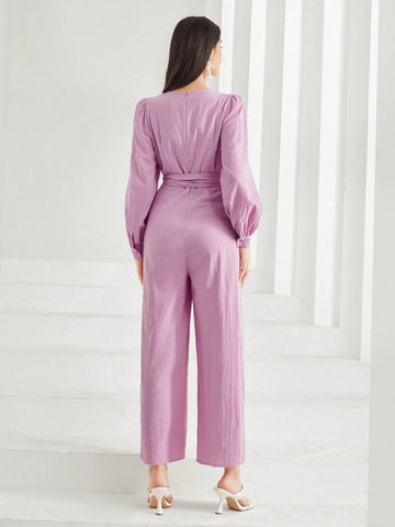 Cotton Lantern Sleeve Belted Wide Leg Jumpsuit
