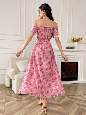 Elegant Floral Allover Print Off-Shoulder Dress For Women, Summer
