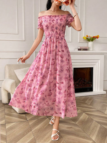 Elegant Floral Allover Print Off-Shoulder Dress For Women, Summer