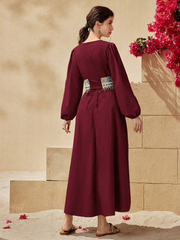 Elegant Women's Color Block Square Neck Long Sleeve Dress