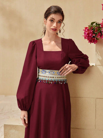 Elegant Women's Color Block Square Neck Long Sleeve Dress