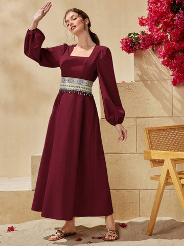 Elegant Women's Color Block Square Neck Long Sleeve Dress