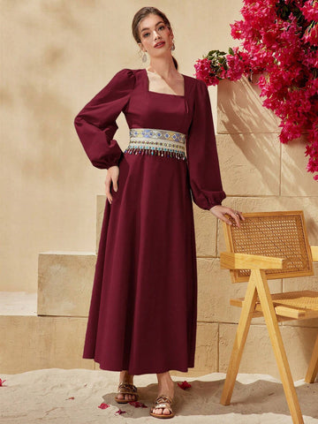 Elegant Women's Color Block Square Neck Long Sleeve Dress