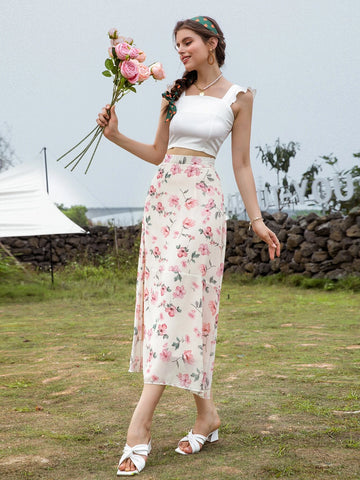 Mulvari Floral Print High Waist Skirt
