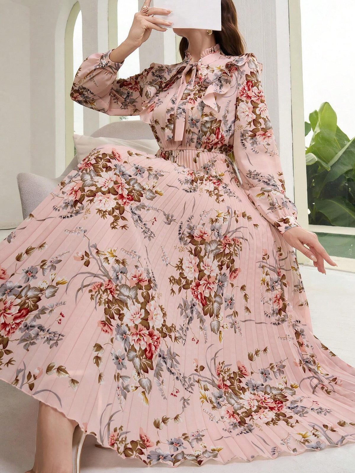 Floral Print Pleated Long Sleeve Dress With Ribbon Tie Colla