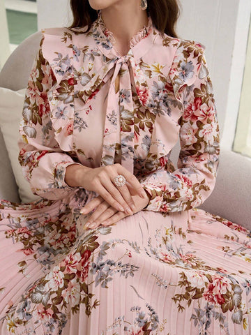Floral Print Pleated Long Sleeve Dress With Ribbon Tie Colla