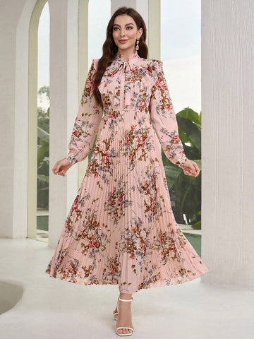 Floral Print Pleated Long Sleeve Dress With Ribbon Tie Colla