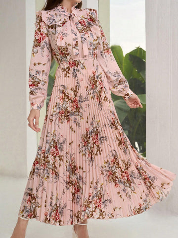 Floral Print Pleated Long Sleeve Dress With Ribbon Tie Colla