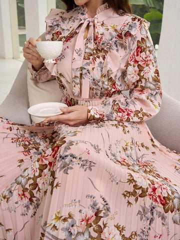 Floral Print Pleated Long Sleeve Dress With Ribbon Tie Colla