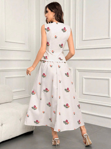 Floral Print Tank Top & Skirt For Summer