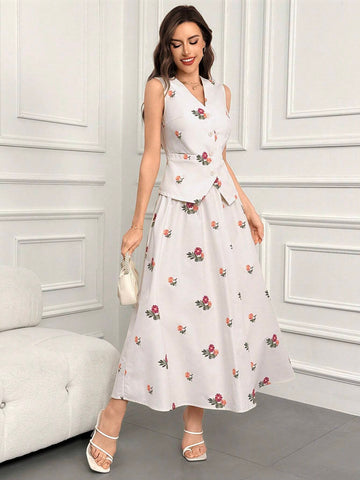 Floral Print Tank Top & Skirt For Summer