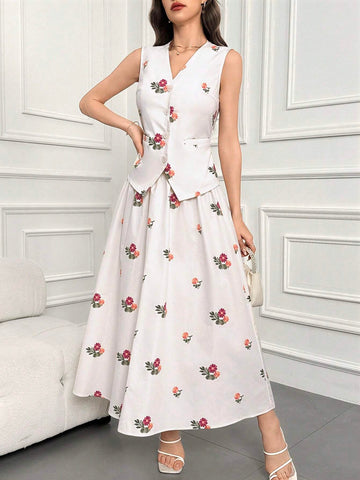 Floral Print Tank Top & Skirt For Summer