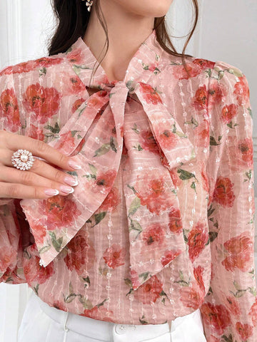 Mulvari Floral Print Tie Neck Blouse For Spring & Summer