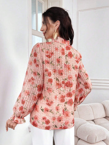 Mulvari Floral Print Tie Neck Blouse For Spring & Summer