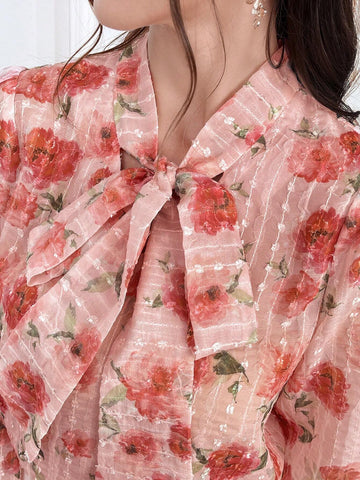 Mulvari Floral Print Tie Neck Blouse For Spring & Summer