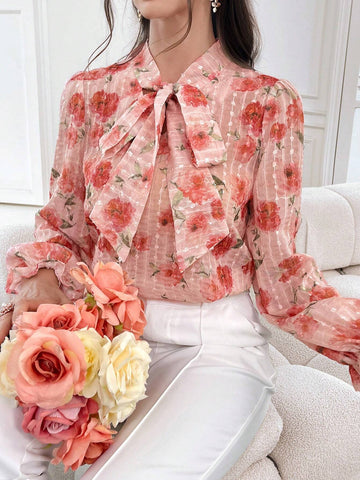 Mulvari Floral Print Tie Neck Blouse For Spring & Summer