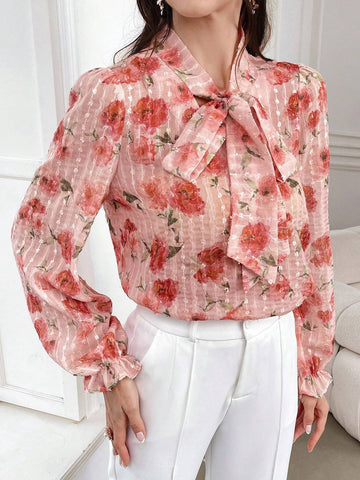 Mulvari Floral Print Tie Neck Blouse For Spring & Summer