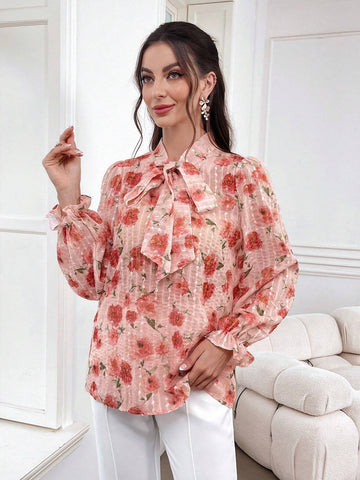 Mulvari Floral Print Tie Neck Blouse For Spring & Summer
