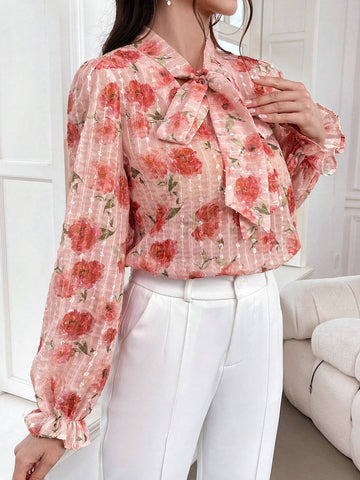Mulvari Floral Print Tie Neck Blouse For Spring & Summer