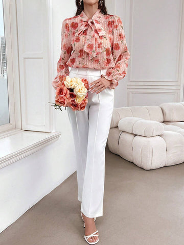 Mulvari Floral Print Tie Neck Blouse For Spring & Summer