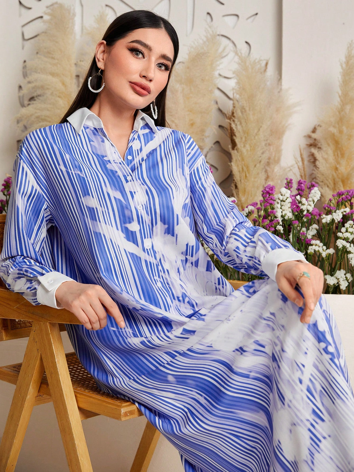 Floral Printed Button Front Loose Fit Dress