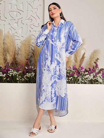 Floral Printed Button Front Loose Fit Dress