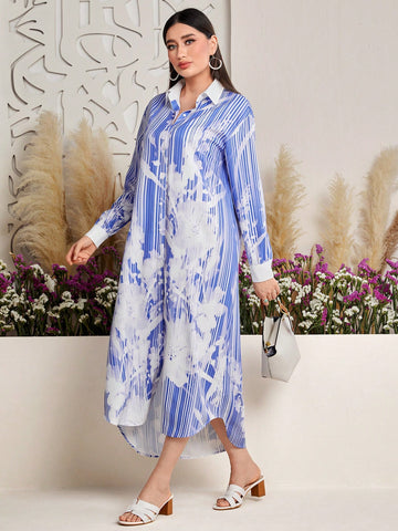 Floral Printed Button Front Loose Fit Dress