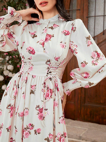 Floral Printed Shirt Dress With Front Tie For Women