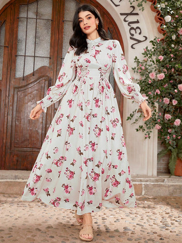 Floral Printed Shirt Dress With Front Tie For Women