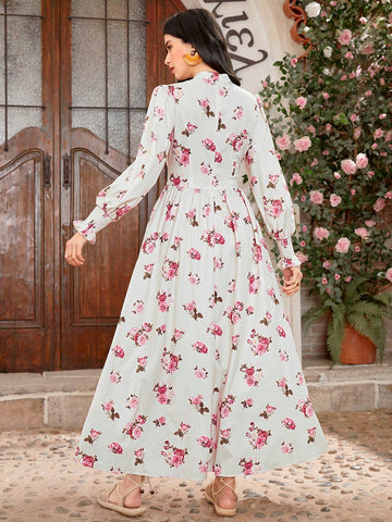 Floral Printed Shirt Dress With Front Tie For Women