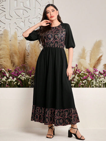 Flower Patchwork Print Puff Sleeve A-Line Dress With Waistband