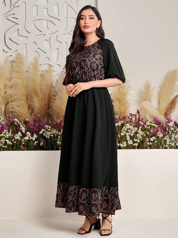 Flower Patchwork Print Puff Sleeve A-Line Dress With Waistband