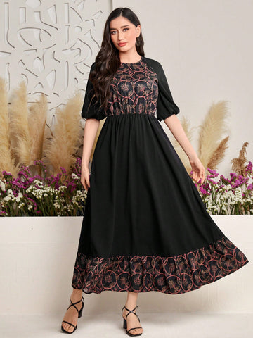 Flower Patchwork Print Puff Sleeve A-Line Dress With Waistband