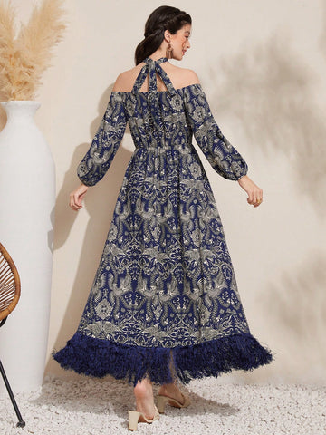Mulvari Full Print Crisscross Halter Lantern Sleeve Fuzzy Hemline Dress, Belt Not Included