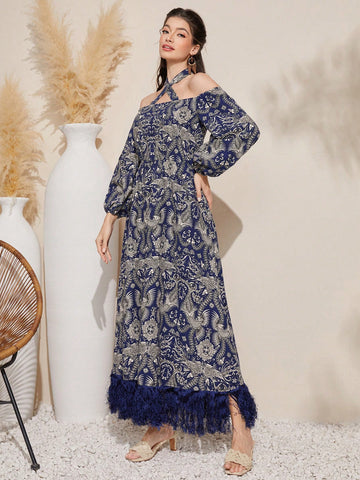 Mulvari Full Print Crisscross Halter Lantern Sleeve Fuzzy Hemline Dress, Belt Not Included