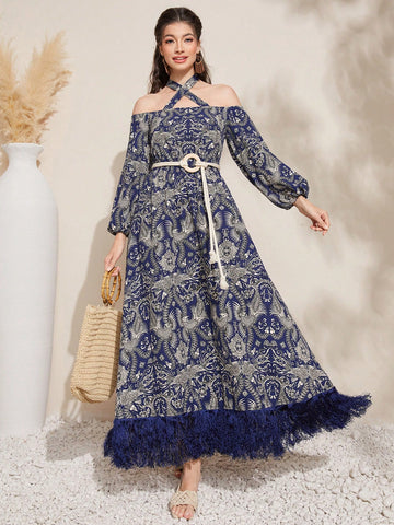 Mulvari Full Print Crisscross Halter Lantern Sleeve Fuzzy Hemline Dress, Belt Not Included
