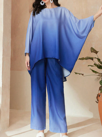 Gradient Color Batwing Sleeve Short Front Long Back Top And Pants Set