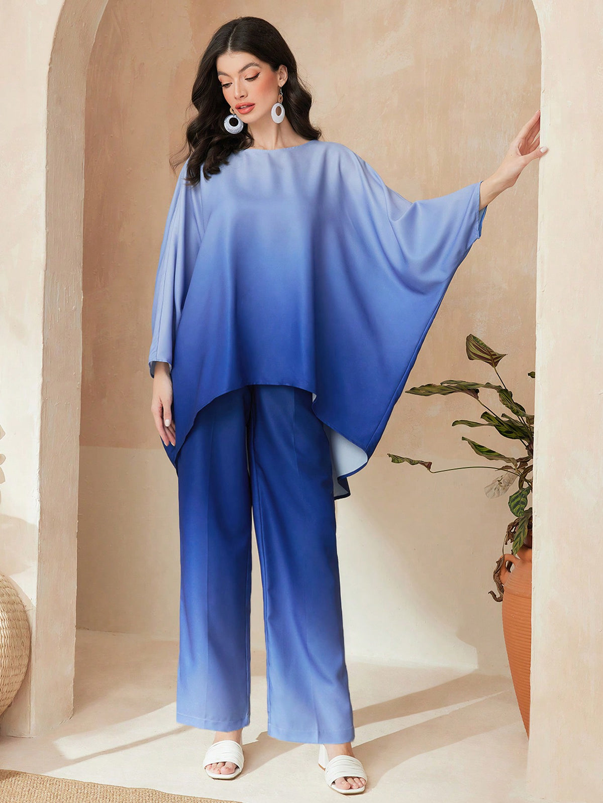 Gradient Color Batwing Sleeve Short Front Long Back Top And Pants Set