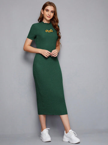 Knit Sunflower Embroidered Lettuce Hem Dress