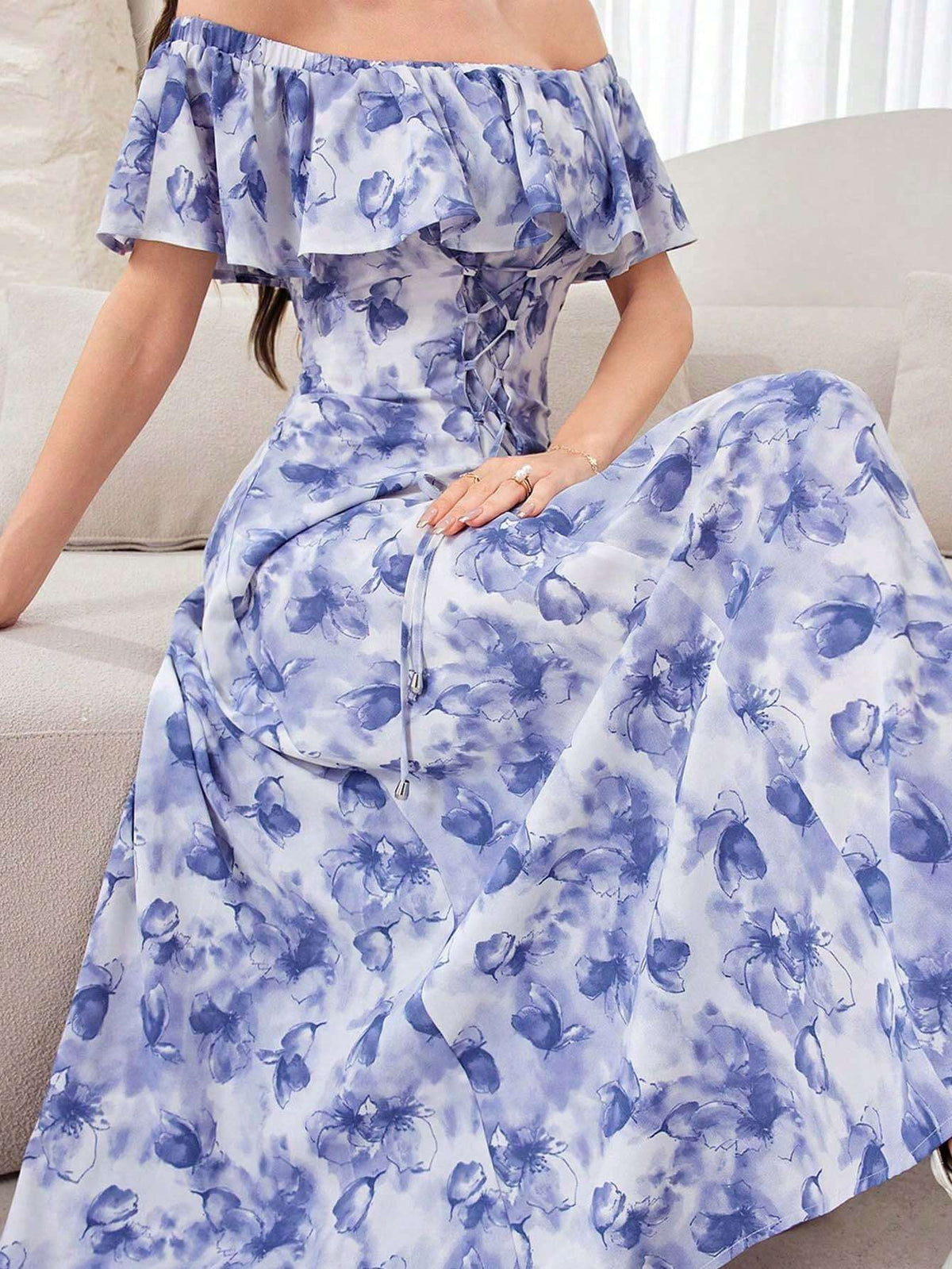 Ladies' Elegant Off-Shoulder Random Printed A-Line Dress
