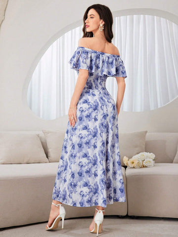 Ladies' Elegant Off-Shoulder Random Printed A-Line Dress