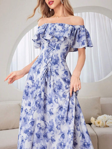 Ladies' Elegant Off-Shoulder Random Printed A-Line Dress