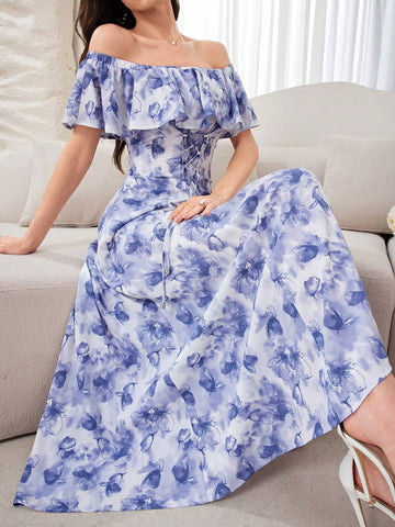 Ladies' Elegant Off-Shoulder Random Printed A-Line Dress