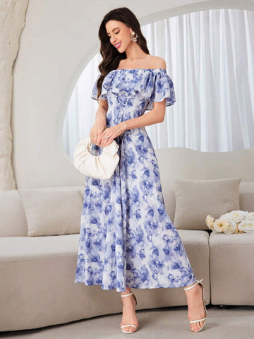 Ladies' Elegant Off-Shoulder Random Printed A-Line Dress