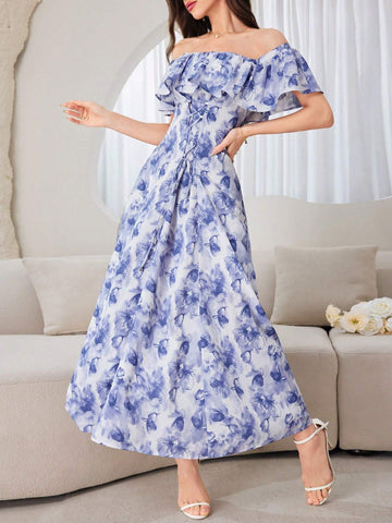 Ladies' Elegant Off-Shoulder Random Printed A-Line Dress