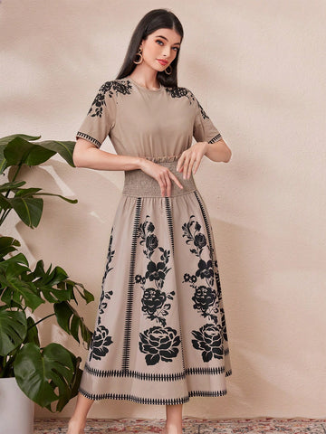 Ladies' Floral Print Short Sleeve Top And Draped Wide Waistband Skirt 2pcs/Set