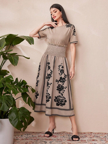 Ladies' Floral Print Short Sleeve Top And Draped Wide Waistband Skirt 2pcs/Set