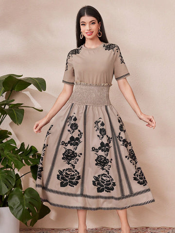 Ladies' Floral Print Short Sleeve Top And Draped Wide Waistband Skirt 2pcs/Set