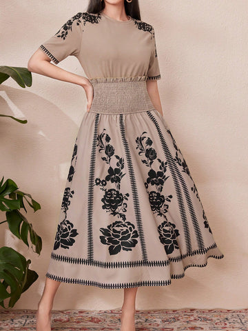 Ladies' Floral Print Short Sleeve Top And Draped Wide Waistband Skirt 2pcs/Set